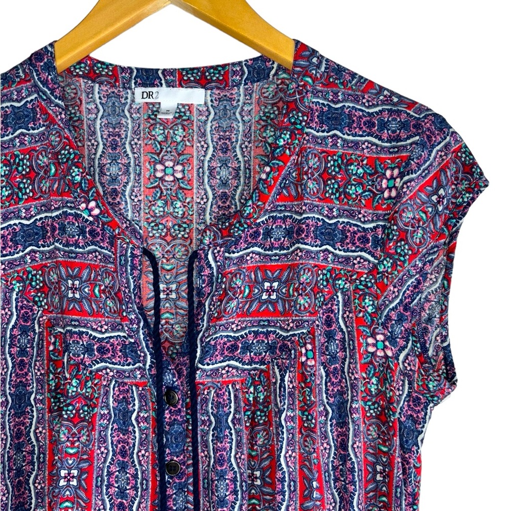 DR2 Floral Sleeveless Blouse With Tassels Medium Purple Red Navy